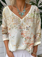 Vintage Floral Print V Neck Long Sleeve T-shirt