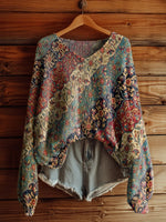 Women's Retro Ethnic Totem Print Casual V Neck Long Sleeve Pullover Sweater