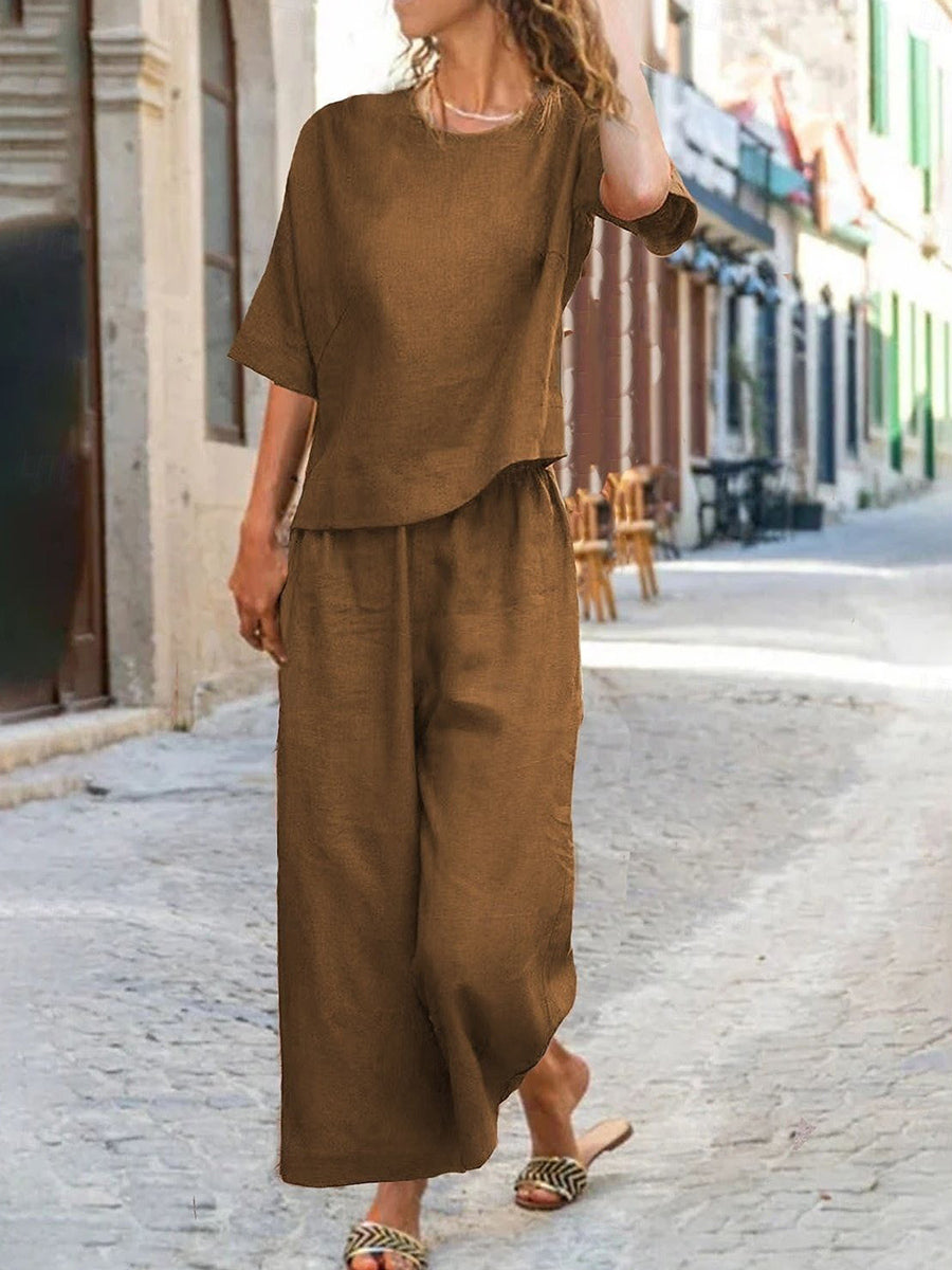 Solid Color Round Neck Half Sleeve Casual Loose Two-Piece Set