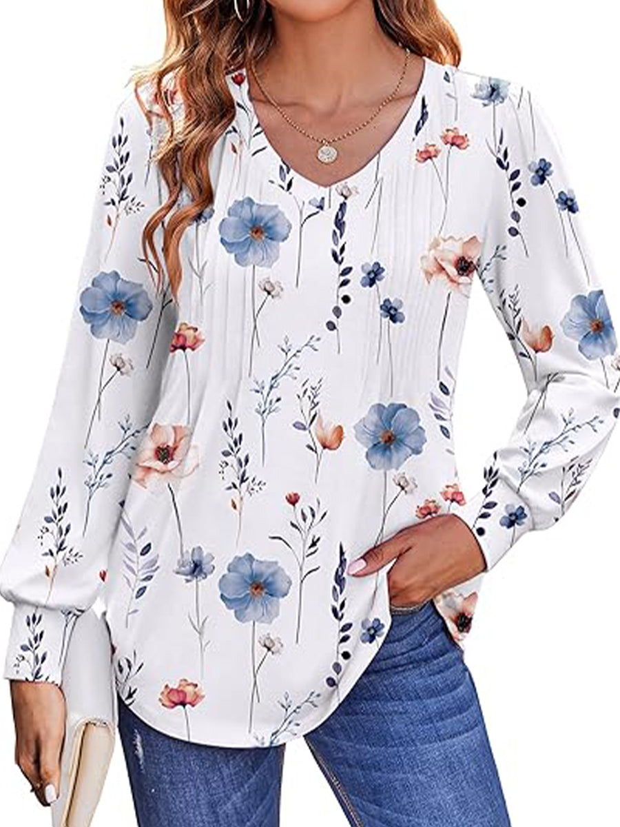 Floral Printed Long Sleeve V Neck Tunic Top
