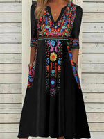 Black Floral V Neck Boho Midi Dress