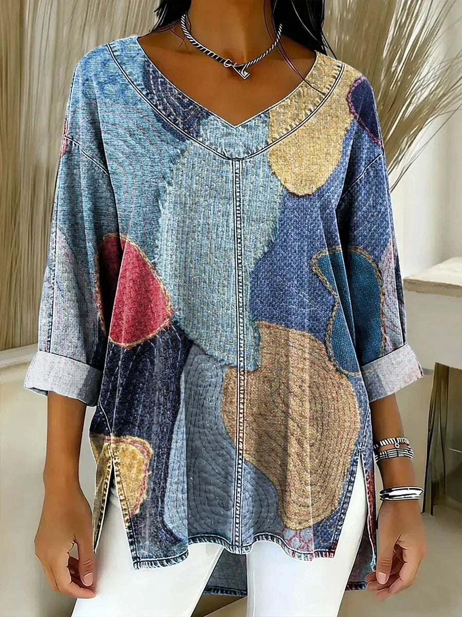 Women's Abstract Art Printed V-neck 3/4 Sleeve Top