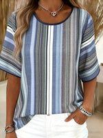Vintage Striped Round Neck Short Sleeve T-Shirt