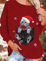 Red Casual Graphic Tops Round Neck Long Sleeve Cat Printed Sweatshirts