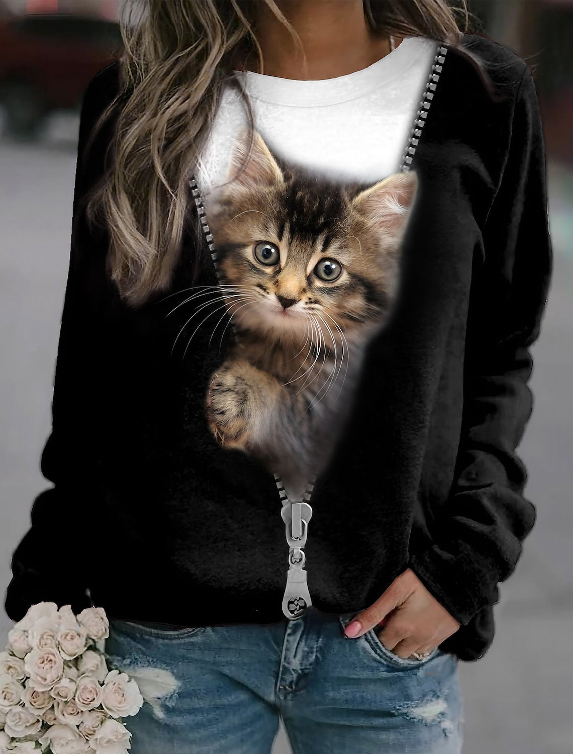 Pullover Black Cat Street Round Neck Long Sleeve Sweatshirt