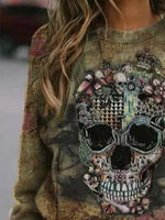 Casual Graphic Tops Round Neck Long Sleeve Skull Printed Sweatshirts