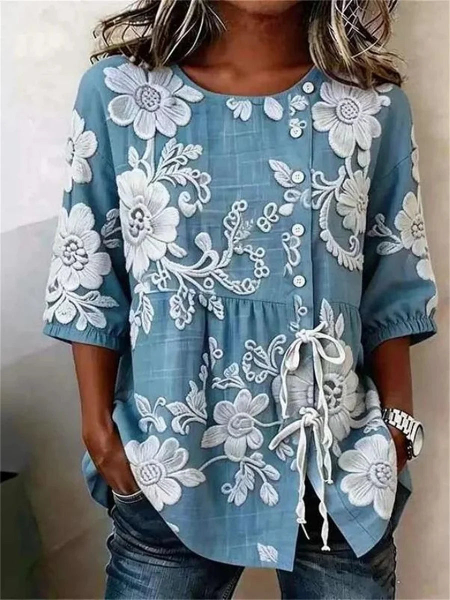 Vintage Floral Print Round Neck 3/4 Sleeve Blouse