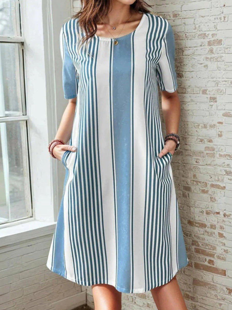 Casual Striped Round Neck Short Sleeve Dress