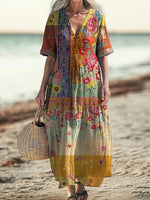 Vintage Floral Art Print Short Sleeve Cotton Dress