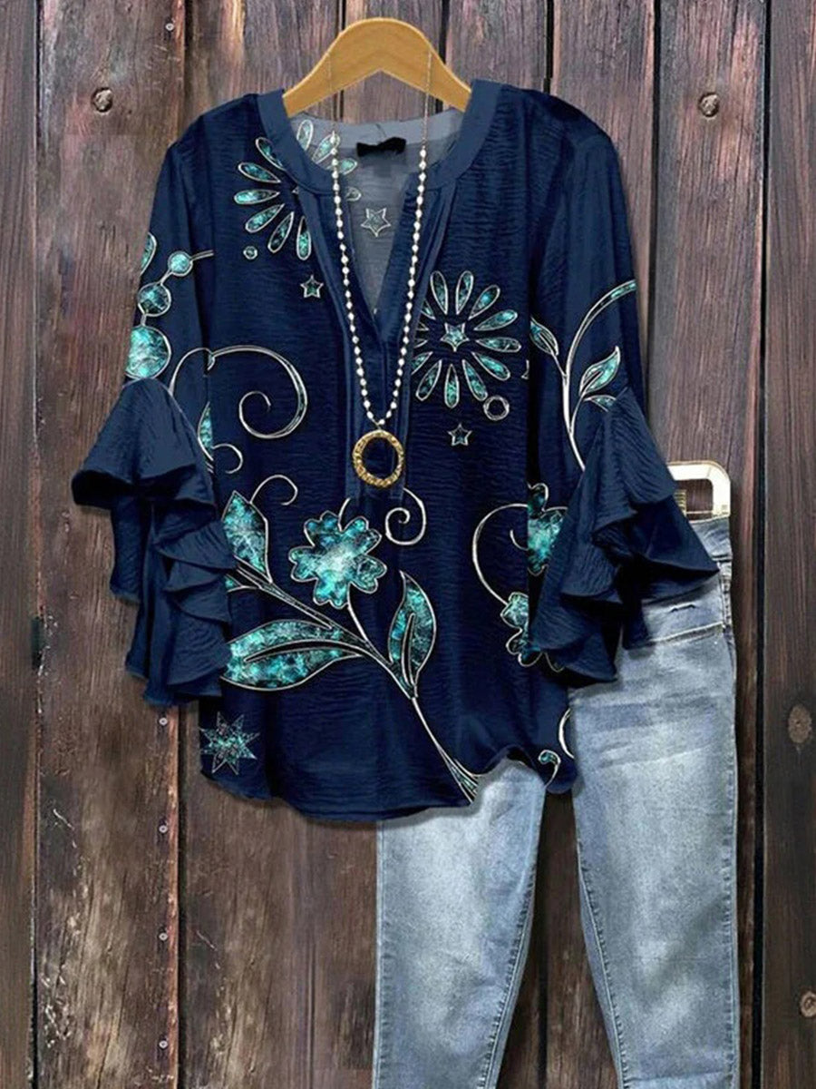 Vintage Floral Print V-neck Half Sleeve Blouse