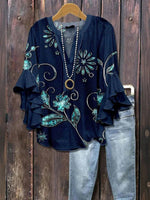 Vintage Floral Print V-neck Half Sleeve Blouse