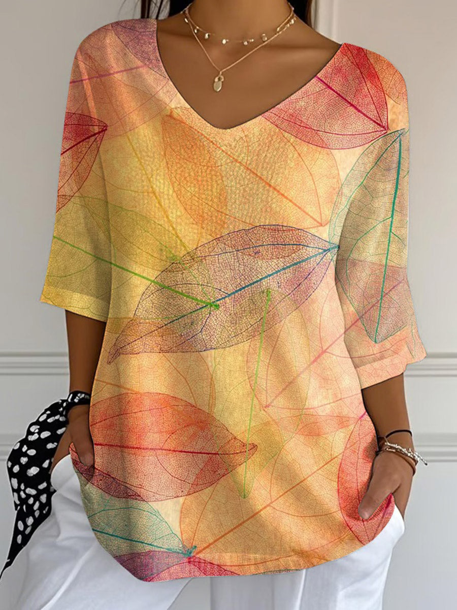 Women's Fall Leaf Print Casual V-neck 3/4 Sleeve T-Shirt