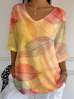 Women's Fall Leaf Print Casual V-neck 3/4 Sleeve T-Shirt