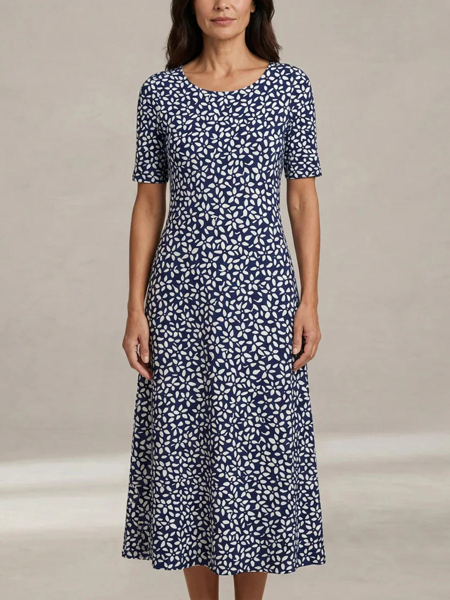 Navy Leaf Print Round Neck Short Sleeve Midi Dress
