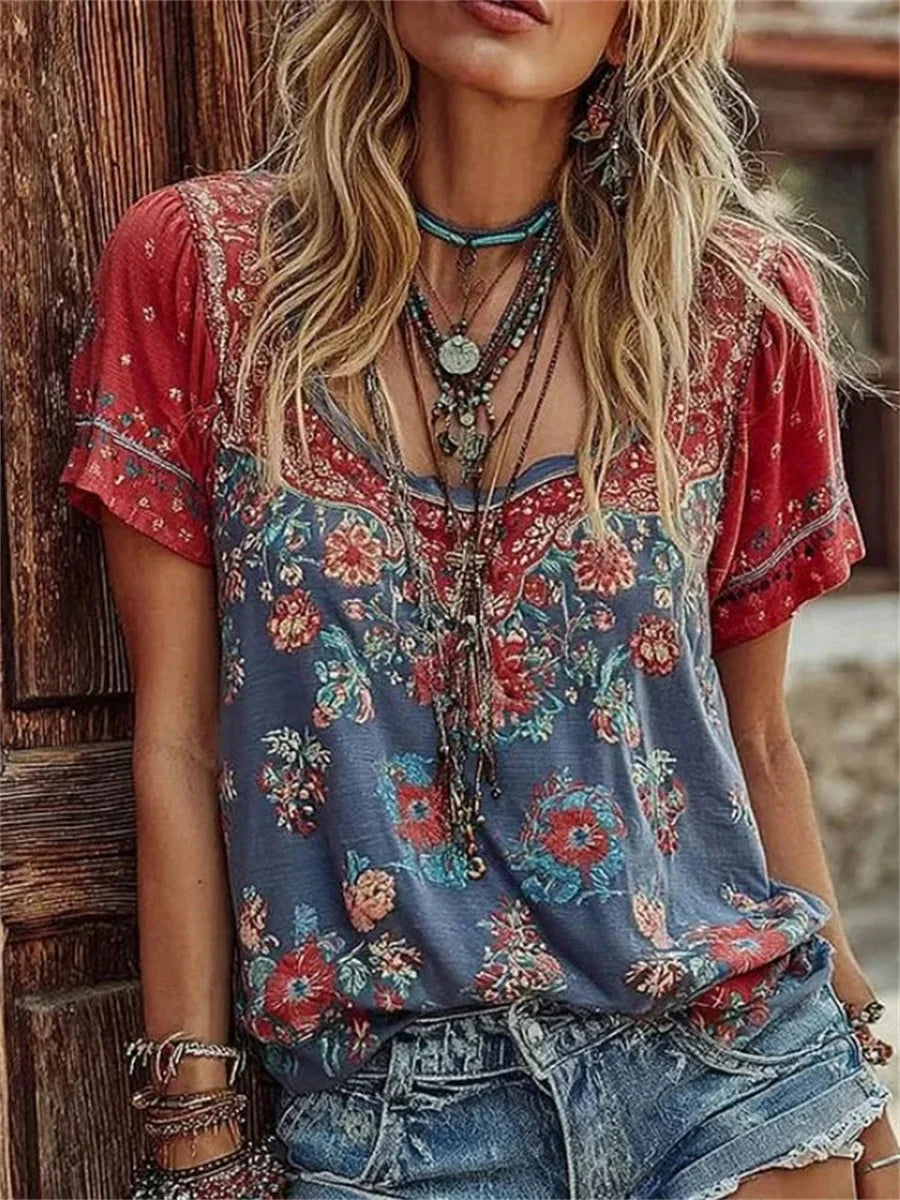 Vintage Floral Print Short Sleeve T-Shirt