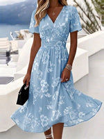 Women Floral Print V Neck Short Sleeve Beach Dress A-Line Dress