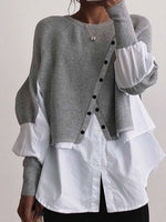 Gray Knit White Blouse Patchwork Round Neck Casual Sweater