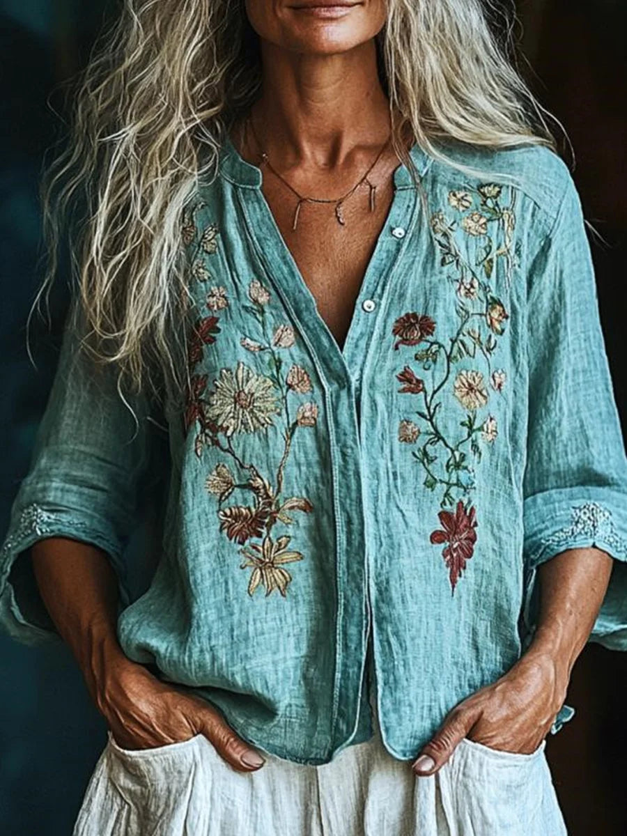 Vintage Floral Print Long Sleeve Blouse