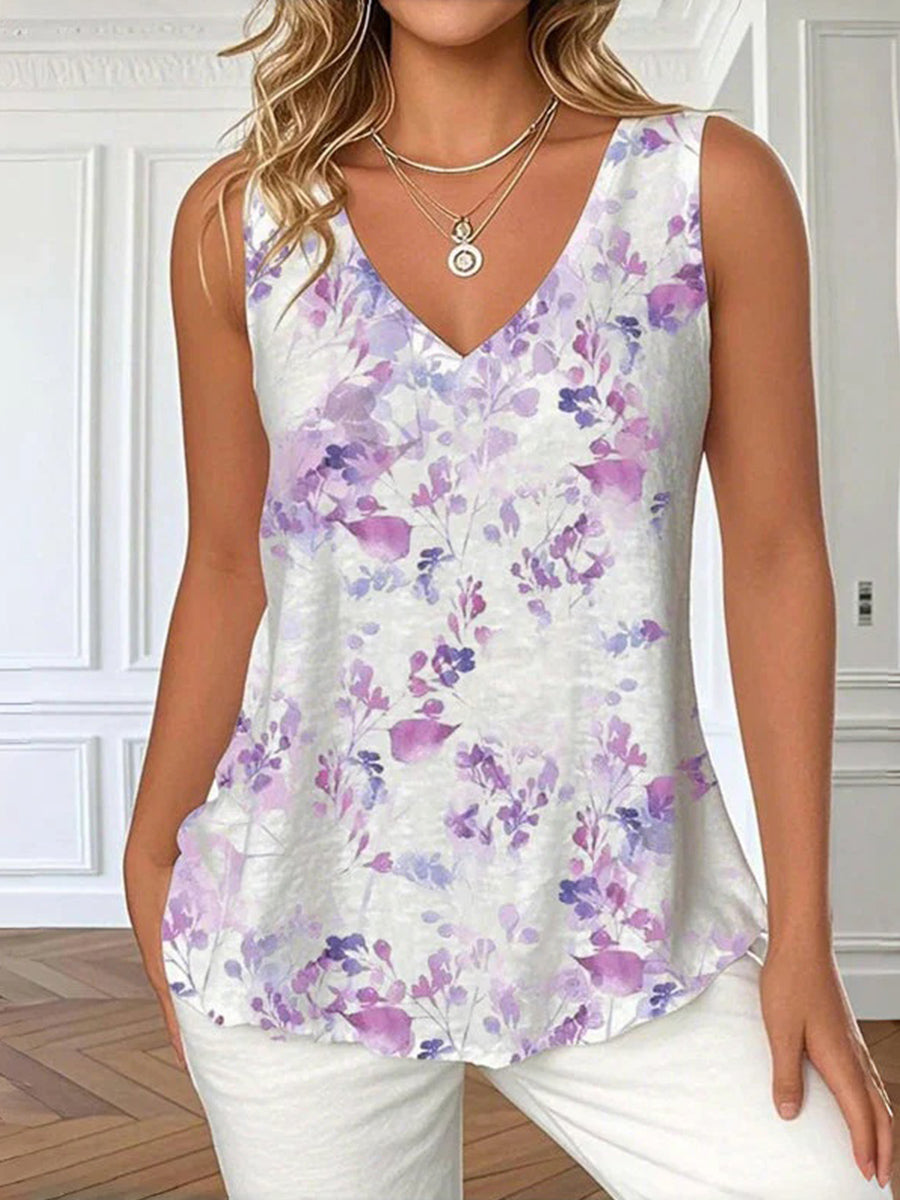 Vintage Floral Print V-neck Sleeveless Tank Top