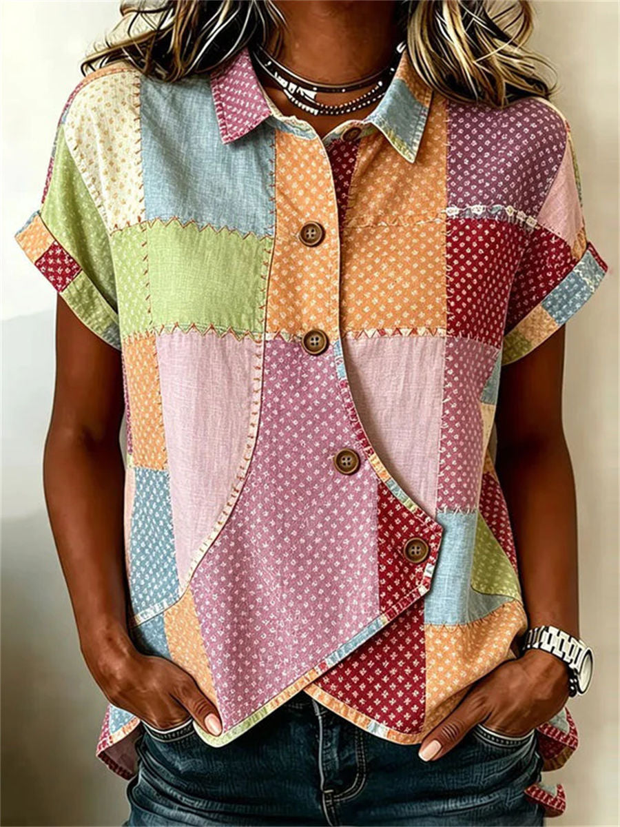 Vintage Colour Block Short Sleeve Blouse