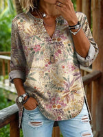 Vintage Floral Print V-neck Long Sleeve Blouse