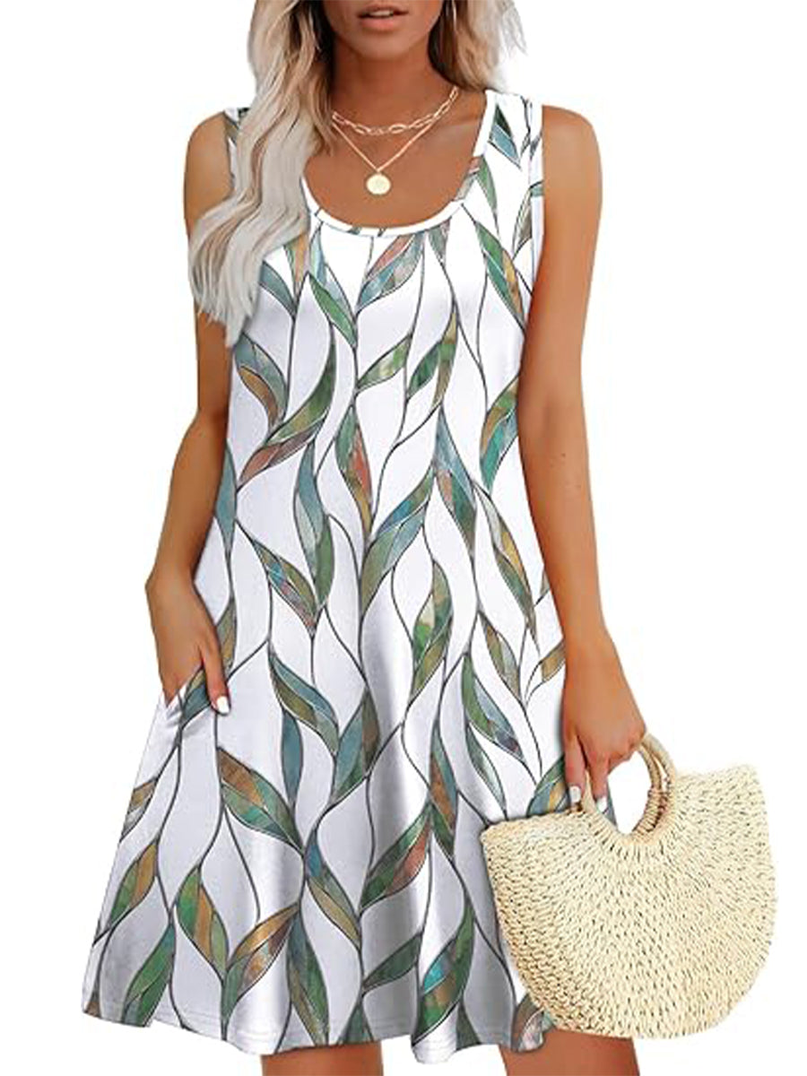 Summer Dresses Loose U Neck Sleeveless Sundresses Dress with Pockets