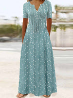 Women’s Casual Polka Dot Button-Front Short Sleeve Maxi Dress