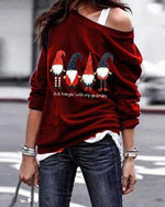 Santa Printed Long Sleeve Oblique Shoulder Sweatshirt