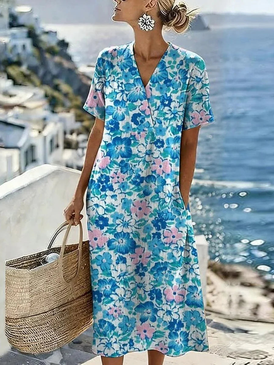 Blue Floral Print V-Neck Short Sleeve Dress