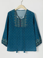 Casual V-neck 3/4 Sleeve Boho Border Print Blouse