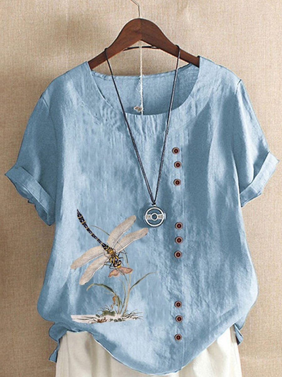 Casual Crew Neck Dragonfly Buttoned Shirt