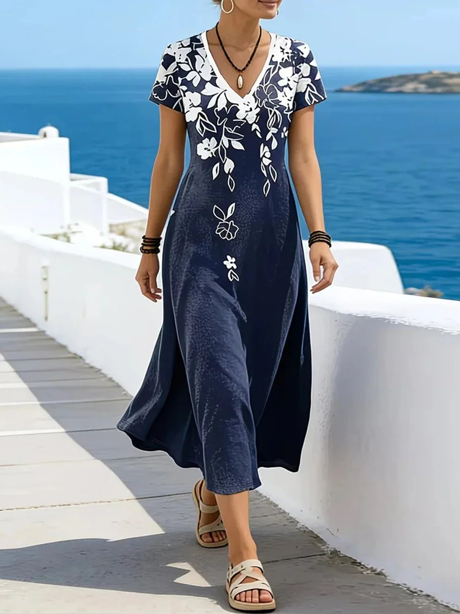 Navy White Floral V Neck Short Sleeve Pocket Resort Midi Dress