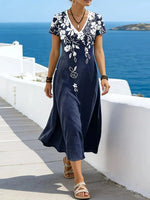 Navy White Floral V Neck Short Sleeve Pocket Resort Midi Dress