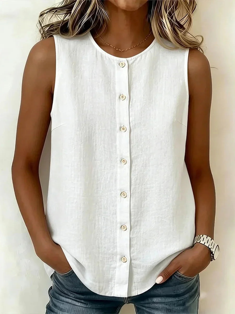 White Round Neck Button-Front Sleeveless Tank Top