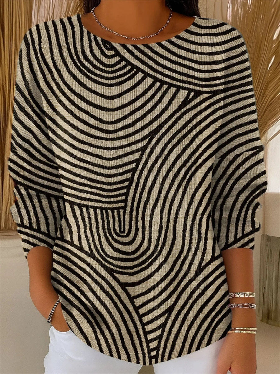 Vintage Abstract Print Casual Round Neck Long Sleeve Pullover Sweater
