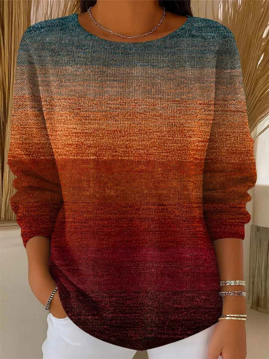 Gradient Color Round Neck Long Sleeve Comfy Sweater