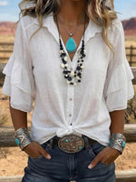 Western Style Ruffle Sleeve White Blouse