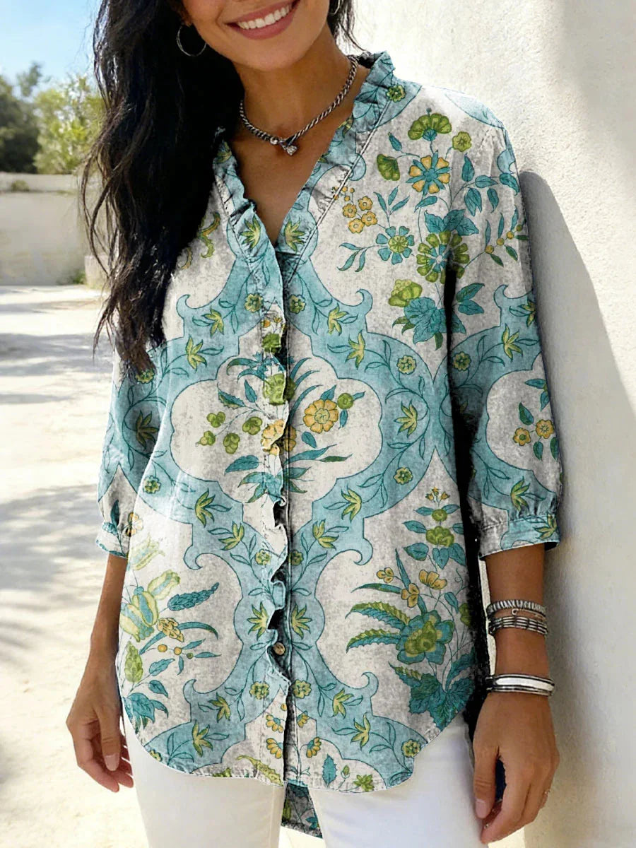 Women's Retro Floral Art Casual V-neck 3/4 Sleeve Shirt