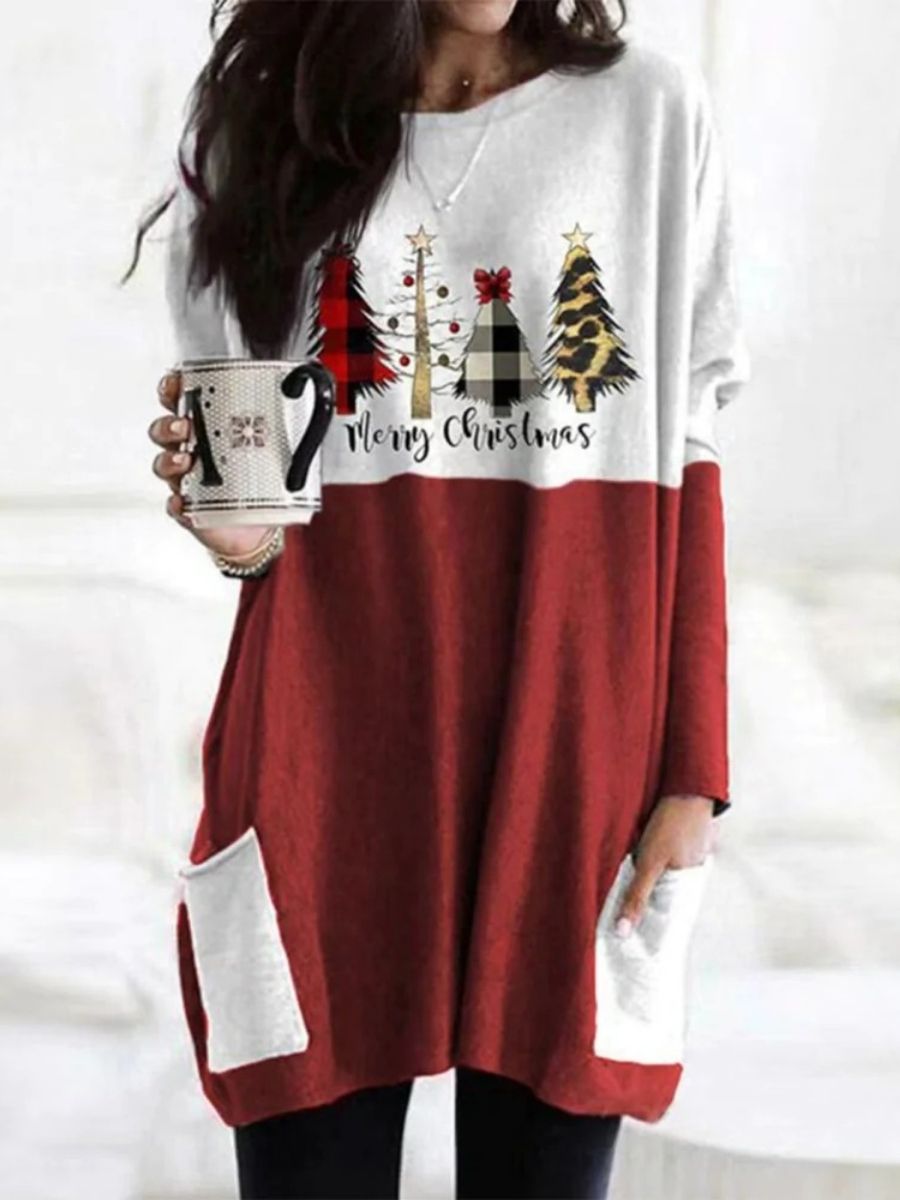 Multi Casual Graphic Tops Round Neck Christmas Tree Printed Long Sleeve Xmas Sweatshirts