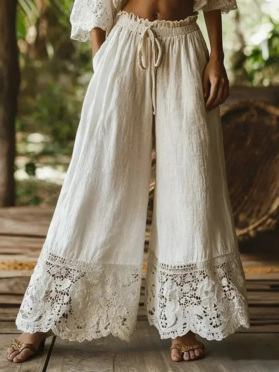 Solid Color High-waisted Drawstring Wide-leg Pants With Lace Trim