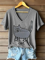 Casual Cat Print V-neck Short Sleeve T-Shirt