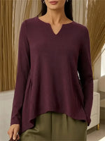 Women's Solid Color V-neck Long Sleeve Casual Loose-fitting Top