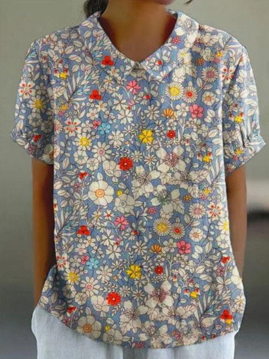Vintage Floral Print Short Sleeve Blouse