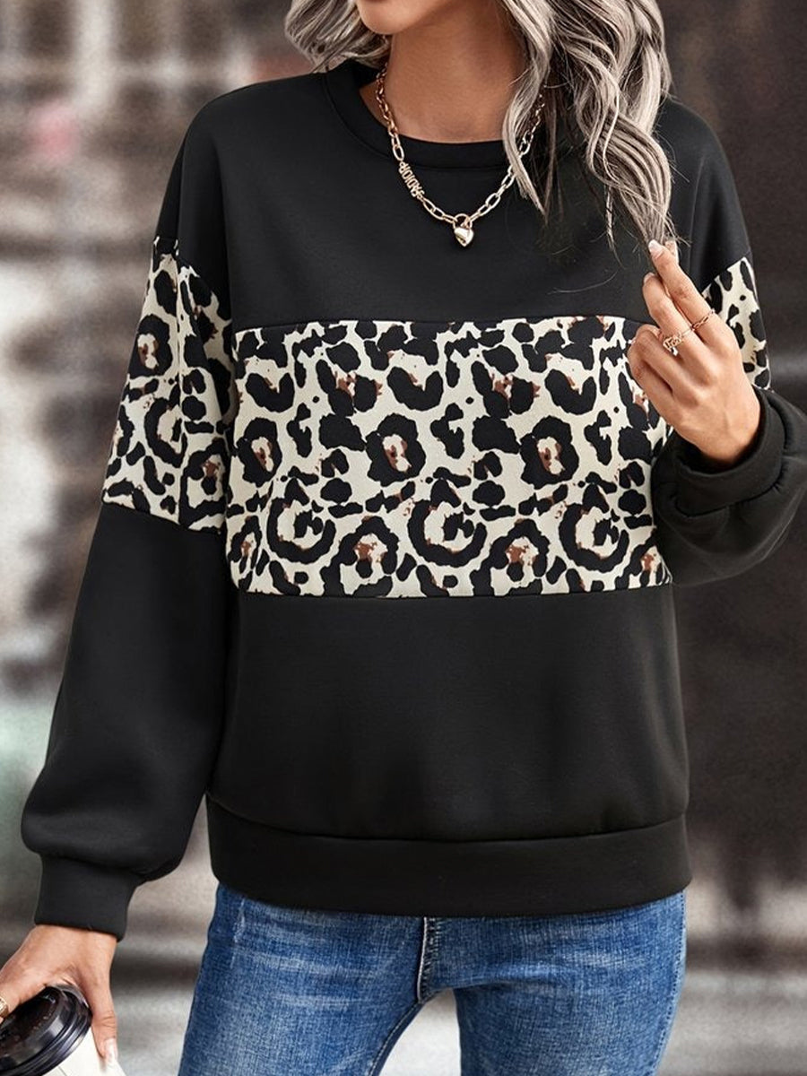 Casual Crew Neck Leopard Print Sweatshirt