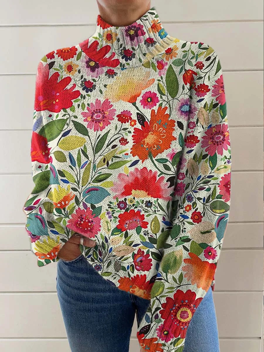 Women's Vintage Art Flower Print Long Sleeve Pullover Sweater