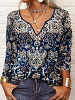 V Neck Ethnic Printed Casual T-Shirt