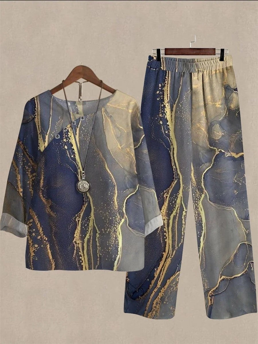 Blue Casual Round Neck Art Inkjet Printed Long Sleeve Two Piece Suit