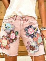 Women Ethnic Floral Print Denim Shorts