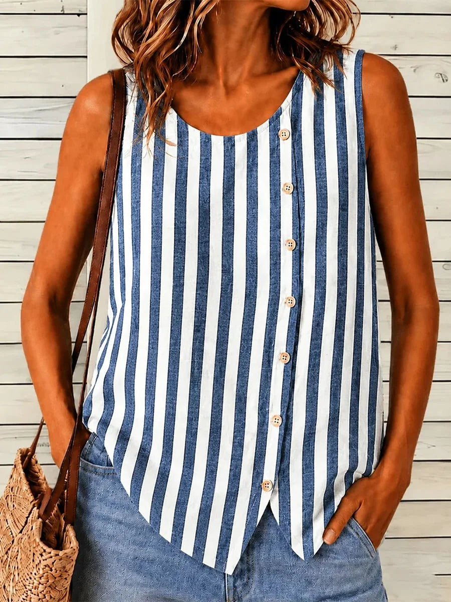 Blue Stripe Sleeveless Button-Front Tank Top