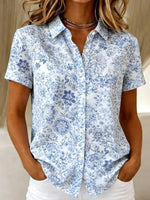 Blue Floral Print Short Sleeve Button-Down Shirt